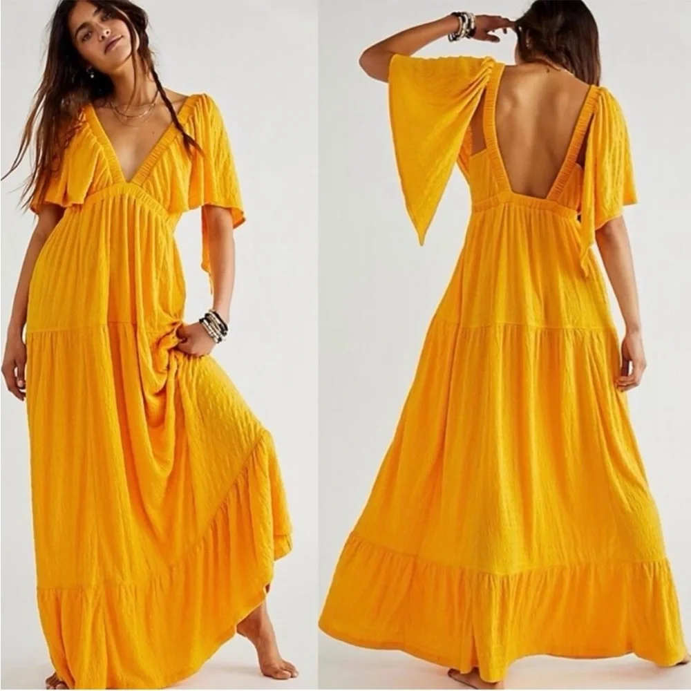 Free People Beach LaLa Maxi Dress Bird of Yellow Boho NWT Small - Picture 1 of 10